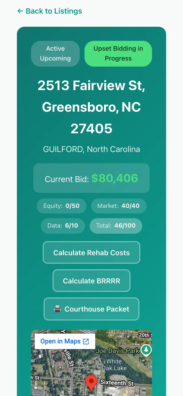 Property detail on a phone: current bid, deal label, and one-tap rehab and courthouse tools