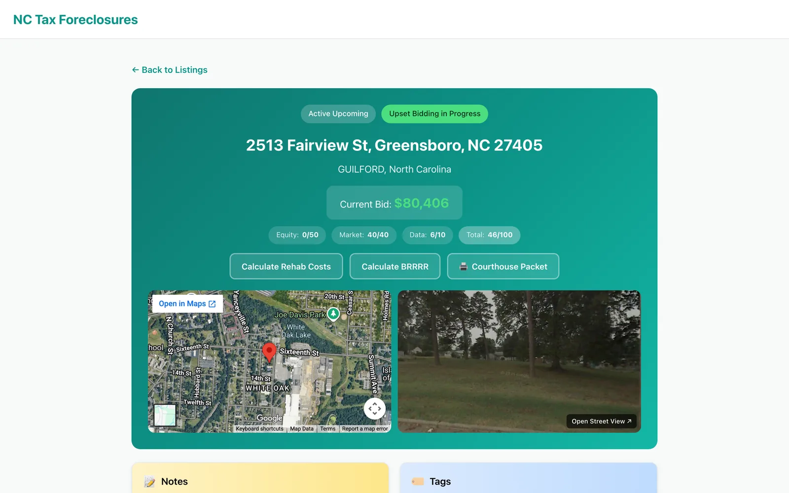 Property detail page with current bid, deal label, satellite map, and street view