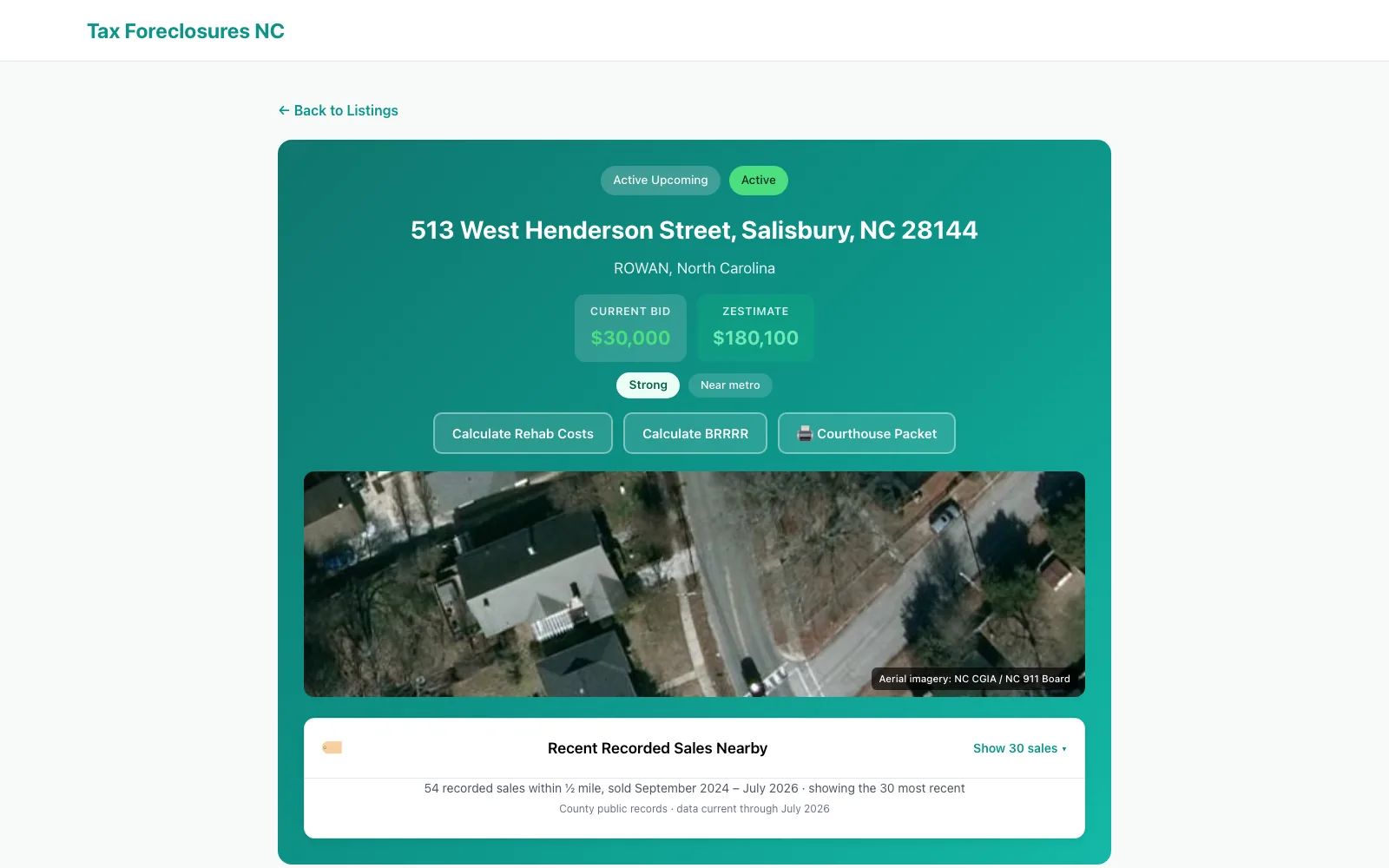 Property detail page with the current bid, deal label, aerial photo and recent recorded sales nearby
