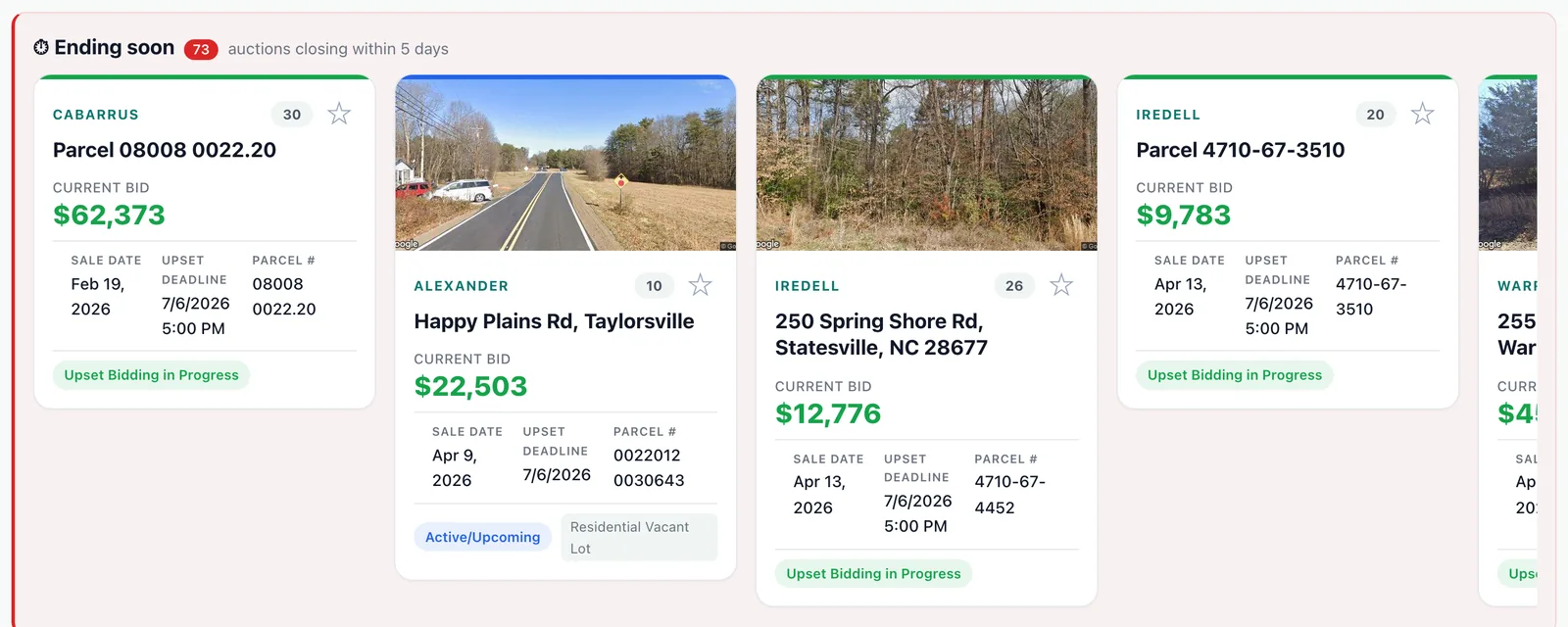 Ending-soon rail: auctions closing within five days, with current bids, upset deadlines, and property photos