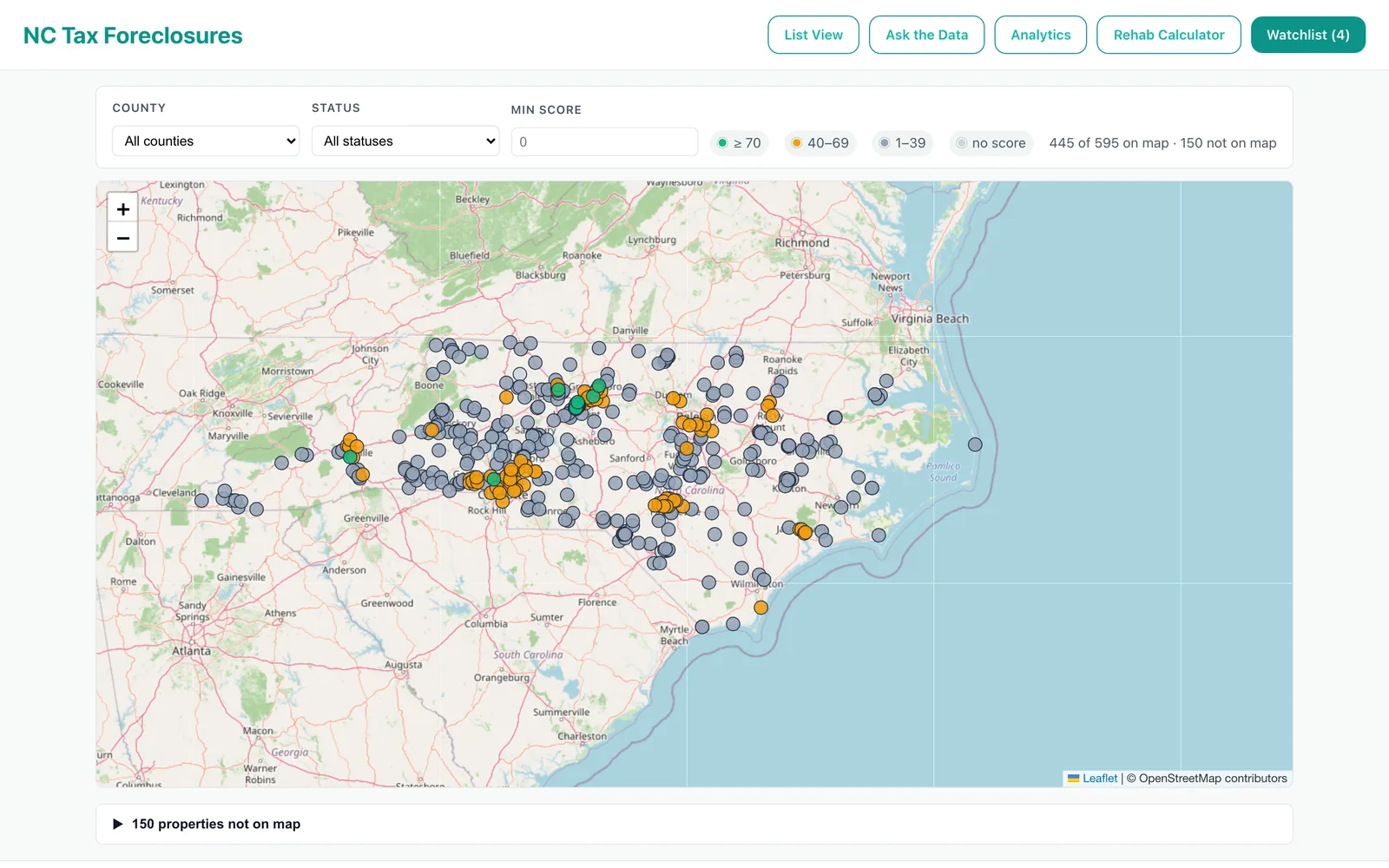 Interactive map of North Carolina with hundreds of auction listings plotted across the state