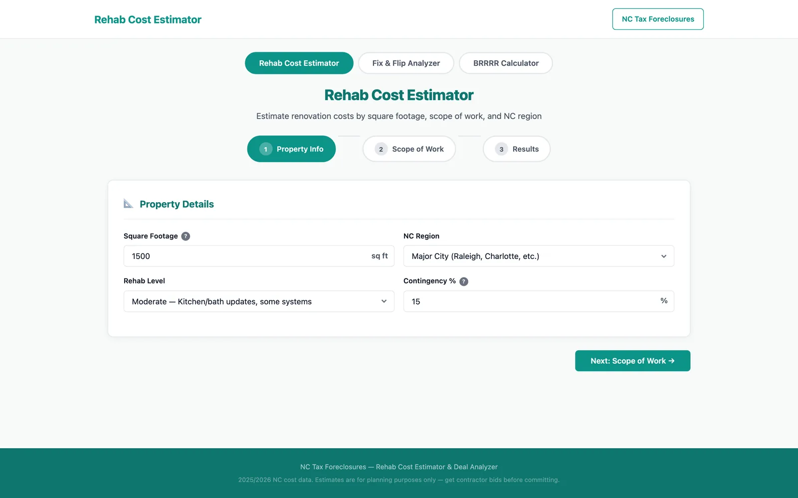Rehab cost estimator with square footage, region, rehab level, and contingency inputs