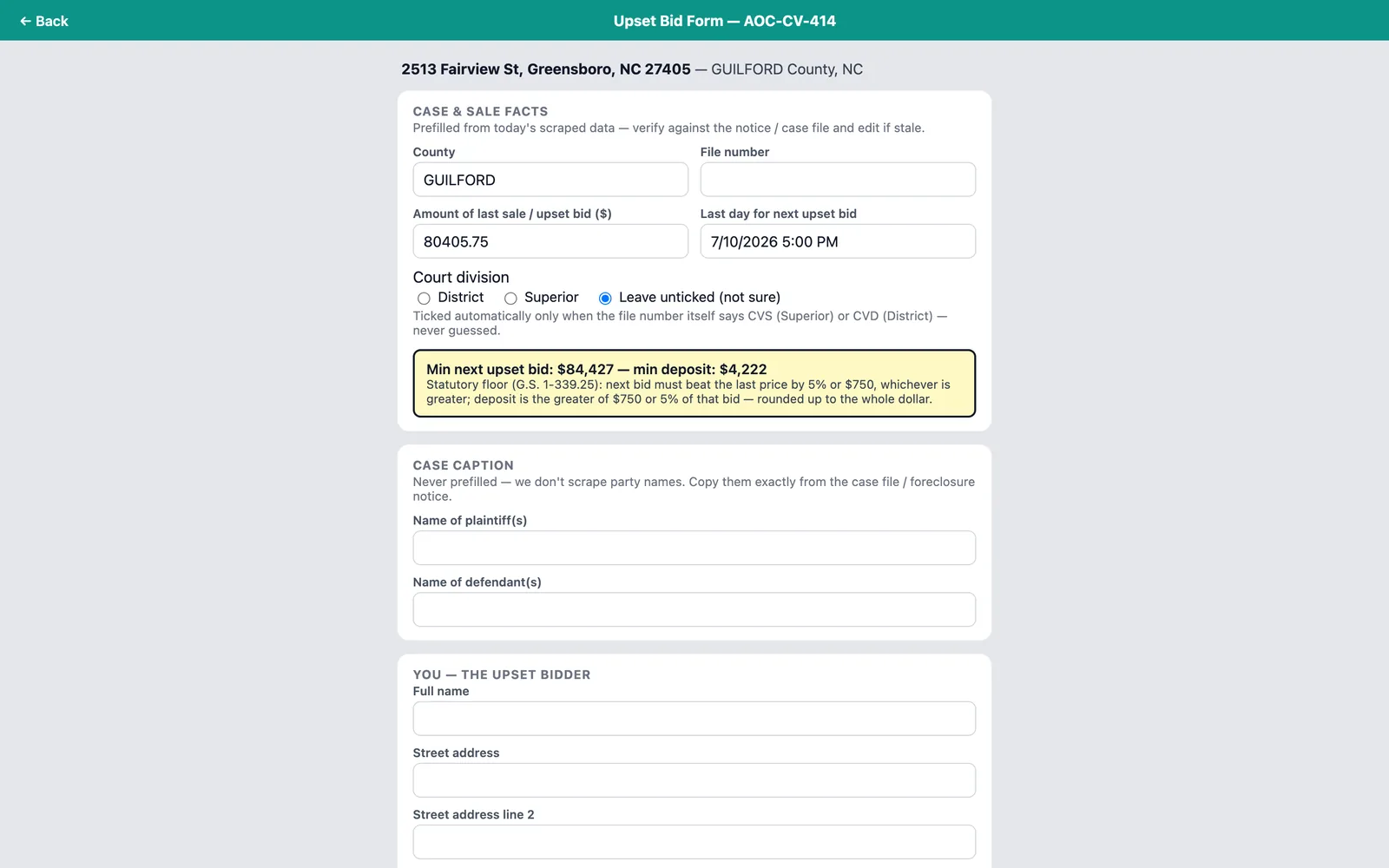 AOC-CV-414 upset-bid form with prefilled case facts and statutory minimum bid and deposit