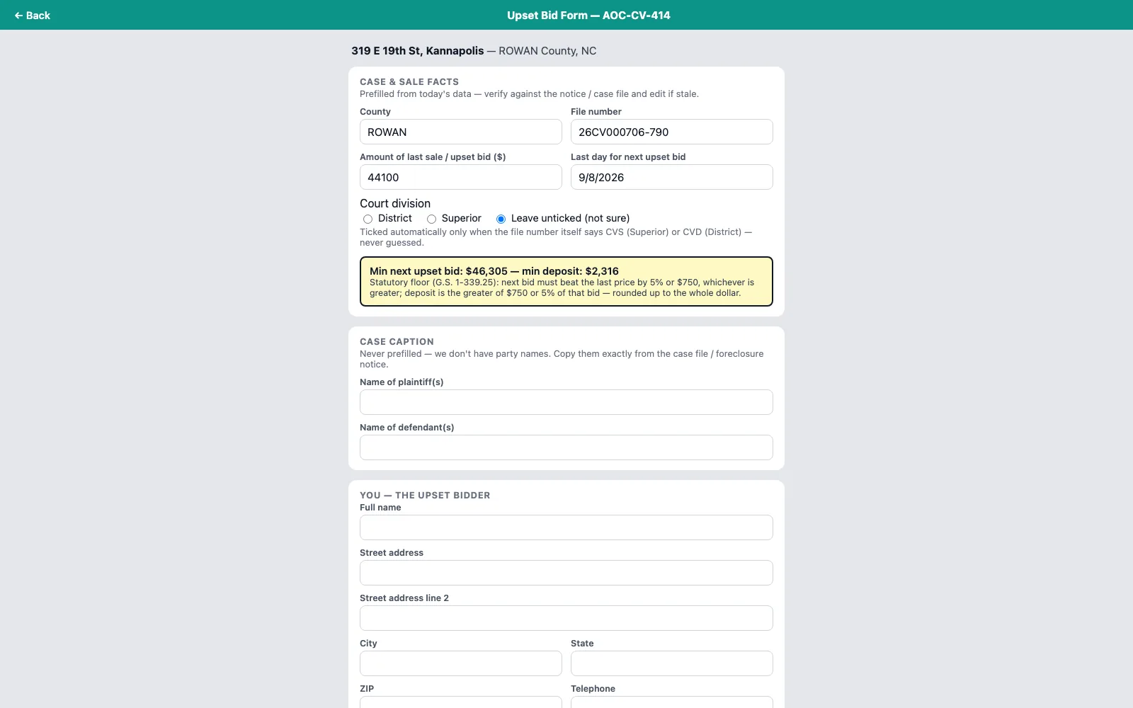 The AOC-CV-414 upset-bid form with the case facts and minimum next bid filled in, and the deposit to bring shown alongside